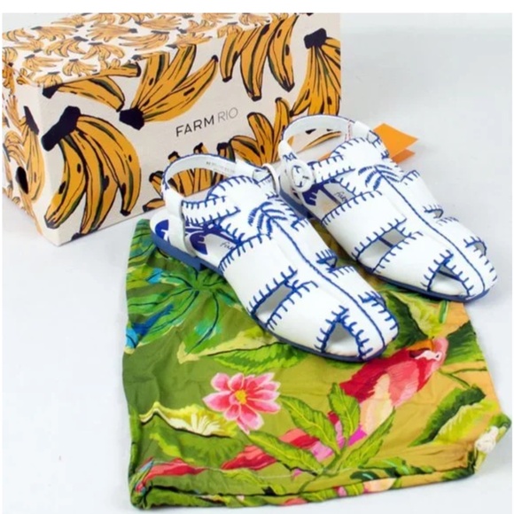 Farm Rio Blue White Embroidered Palm Tree Sandals 8.5 Vegan Whipstitch - Picture 2 of 5